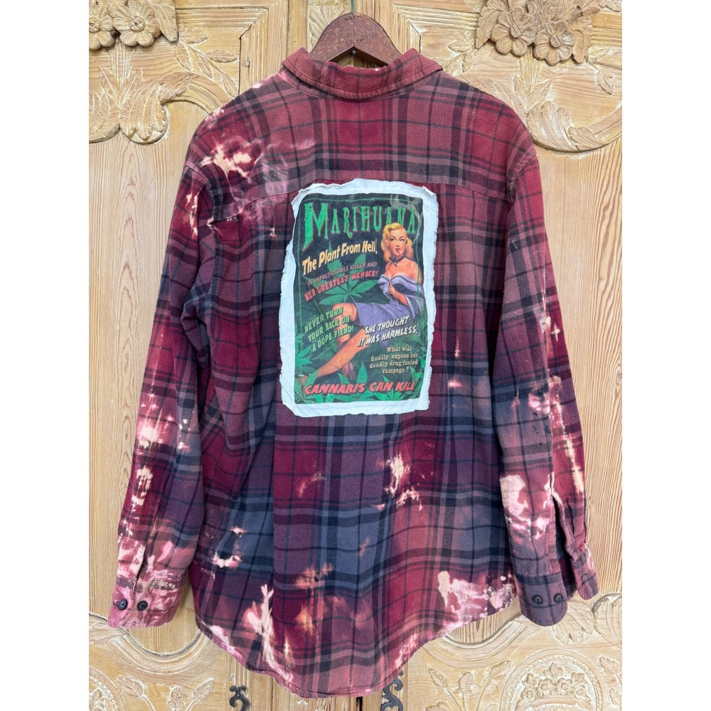 Upcycled Red Plaid Flannel Large Cannabis Patch Folk Art Shirt - Picture 3 of 7